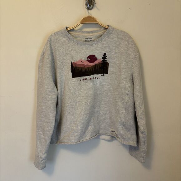 Life Is Good Cropped Sweatshirt Gray XL Mountains Camping Hiking Outdoors - SPOT - Picture 1 of 6